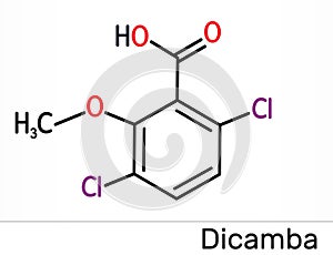 Dicamba C8H6Cl2O3 molecule. It is used as a herbicide. Skeletal chemical formula photo