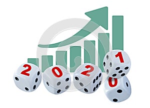 Dice with 2020 and 2021 printed in red and a business graph in the background showing bar chart and arrow going up.