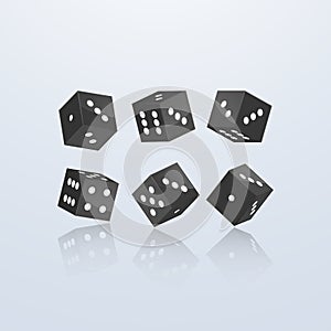 Dice of black color in different perspective on a light background. 3d vector illustration