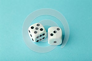 Dice on a blue background. Game, business, solutions, concept. Copy space