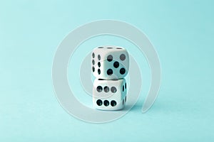 Dice on a blue background. Game, business, solutions, concept. Copy space