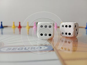 Dice on the board and park tokens in the background photo