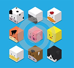 Dice Box 3D Character Farm Animal Set Cartoon Vector