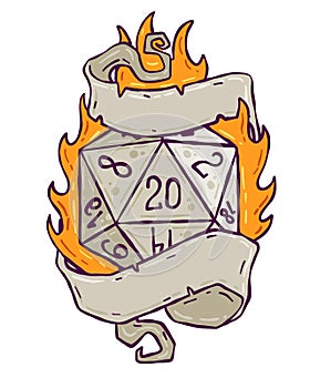 Dice d20 for playing Dnd. Dungeon and dragons board game. Cartoon outline drawn illustration