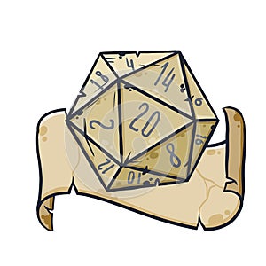 Dice d20 for playing Dnd. Dungeon and dragons board game with ribbon