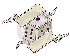 Dice d6 for playing tabletop board game. Cartoon outline drawn illustration. Fantasy art sticker