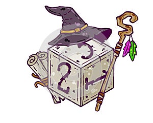 Dice d6 for playing tabletop board game with witch hat. Cartoon drawn illustration.