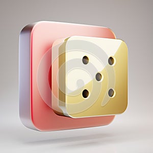 Dice Five icon. Golden Dice Five symbol on red matte gold plate