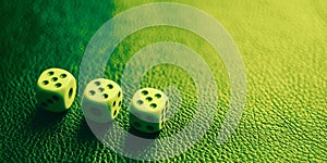 Dice with fives on a green leather table