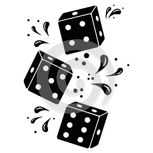 Dice in flight with a drop pattern, black doodle sketch, vector illustration