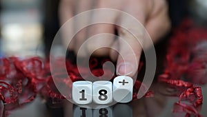 Dice form the expression '18 plus' . Symbol for a age restriction.