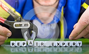 Dice form the expression 'repair expert'in front of an handyman.