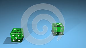Dice on gambling table. Two green plastic cubes. 3d render.