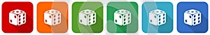 Dice, game, casino icon set, flat design vector illustration in 6 colors options for webdesign and mobile applications