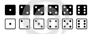 Dice. Game dice. Icon with side of cube from one to six number. Die roll in craps or poker. Set of black icon sided for gamble.