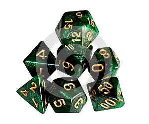 Dice game green polyhedral, MTG, RPG. Isolated. White background.