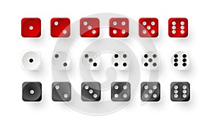 Dice game with red white and black cubes. Realistic gambling objects to play in casino, dice from one to six dots