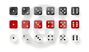 Dice game with red white and black cubes. Realistic gambling objects to play in casino, dice from one to six dots
