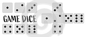 Dice game. A set of game dice. Cubes in flat and linear designs from one to six