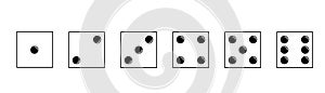 Dice icons set. Traditional die with six faces of cube marked with different numbers of dots or pips from 1 to 6