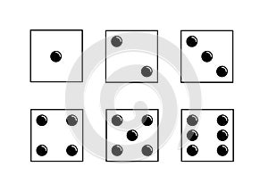 Dice icons set. Traditional die with six faces of cube marked with different numbers of dots or pips from 1 to 6.