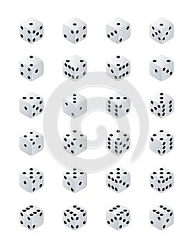 Dice isometric. Variants white game cubes isolated on transparent background. White poker cubes vector isolated