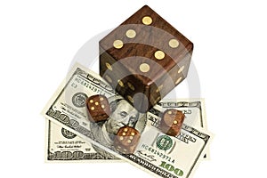 Dice and money isolated on a white background