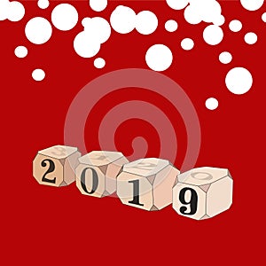 Dice with numbers 2019 on red background.