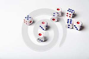 Dice with numbers on white background. Accident
