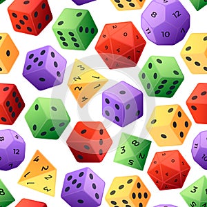 Dice pattern. Seamless print of gambling and role playing board game dices of various sides. Vector polyhedral gaming