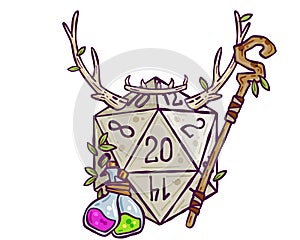 Dice for playing DnD. Druid character. Tabletop role-playing game Dungeon and dragons with horned d20