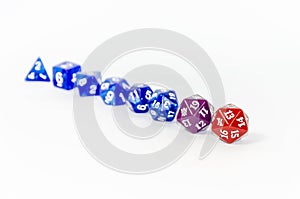 Dice for playing dnd, rpg, fantasy games. twenty-sided cube and polyhedral cubes on white background