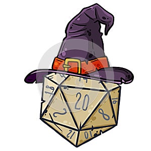 Dice for playing DnD. Tabletop role-playing game Dungeon and dragons with d20. Magical role of sorcerer with witch hat. photo