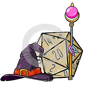 Dice for playing DnD. Tabletop role-playing game Dungeon and dragons with d20. Magical role of sorcerer with witch hat.