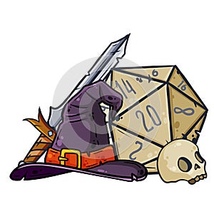Dice for playing DnD. Tabletop role-playing game Dungeon and dragons with d20. Magical role of sorcerer with witch hat.