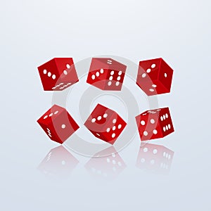 Dice of red color in different perspective on a light background. 3d vector illustration