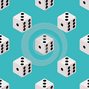 Dice seamless pattern. Board game repeating design. cubes wallpaper on blue background. Casino, gambling backdrop