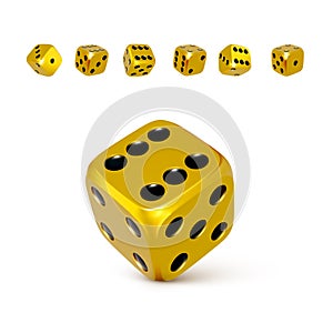 Dice. Set of 3d golden or yellow craps with black dots. Play casino and win jackpot. Vector