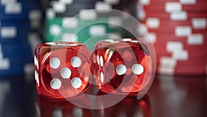Dice shiny red color for poker on the table