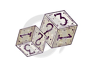 Dice for tabletop game. Six-sided D6 for roleplay. Entertainment and hobby. Isolated drawing photo