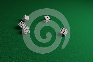 Dice thrown on a green cloth. Random concept