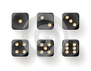 Dice of vector gambling games design, casino, craps and poker, tabletop or board games. Realistic black cubes