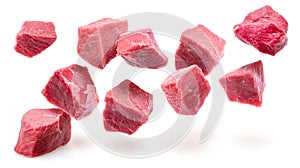 Diced beef cuts levitating in air on white background. File contains clipping paths photo