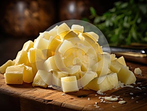 Diced Boiled Potato Pile, Chopped Potatoes, Cooked Cubed Potato on White