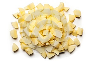 Diced Boiled Potato Pile Isolated, Chopped Potatoes, Cooked Cubed Potato on White