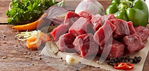 Diced fresh raw lean beef steak for goulash