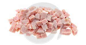 Diced ham on a white background