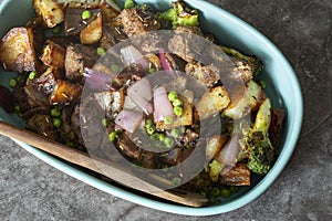 Diced lean beef steak with roast potato, broccoli, peas, onion and rosemary. Served in a casserole dish