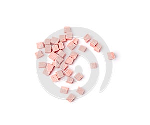 Diced Mortadella Slice Isolated, Luncheon Meat Cut, Chicken Ham Cubes, Boiled Sausage for Breakfast
