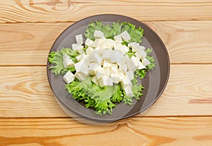 Diced mozzarella cheese on lettuce leaves on brown dish